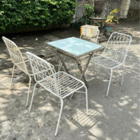 Bộ bàn ghế sân vườn, ghế sắt cafe, bàn cafe chân inox mặt vuông kính cường lực thanh lý