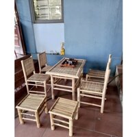 BỘ BÀN GHẾ TRE CHO QUÁN ĂN,TRANG TRÍ(1bàn chân cố định55*90+4 ghế tựa thẳng +2ghế đôn)