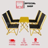 Bộ Bàn Ghế Xếp Lò Xo Sắt Sơn Tĩnh Điện, 4 Ghế 1 Bàn Nan Lá Sắt Chữ Nhật Ngoài Trời
