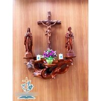 Bộ bàn thờ nghệ thuật bằng gỗ Xá Xị  + bộ tượng Chúa gỗ gõ đỏ cao cấp | Bộ Kệ gỗ Công Giáo treo tường