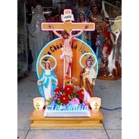 Bộ bàn thờ Thiên Chúa đèn LED neon tượng Mẹ Thánh 30cm Thánh giá Chúa 40cm composite hoa đènđủ
