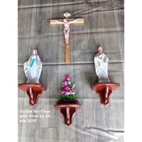 Bộ bàn thờ Thiên Chúa mini Mẹ Thánh 30cm Thánh giá Chúa 45cm, 3 kệ 15cm rời nâu MDF