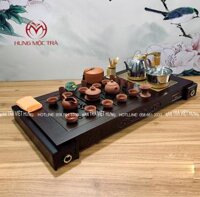Bộ bàn trà điện thông minh gỗ mun, thiết kế hai ngăn kéo, ấm chén tử sa tây thi đỏ MK – 03