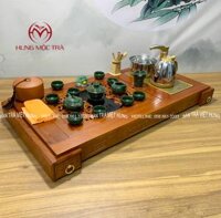 Bộ bàn trà điện thông minh gỗ hương, mặt cạnh đục song long chầu nguyệt, cốc chén men dạn xanh HA – 04