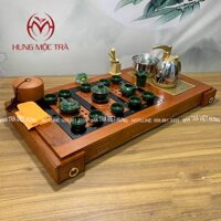 Bộ bàn trà điện thông minh gỗ hương, bếp đun tự động inox, cốc chén men dạn xanh HC – 04