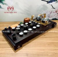 Bộ bàn trà điện thông minh gỗ mun, thiết kế hai ngăn kéo, ấm chén tử sa tây thi họa tiết MK – 01