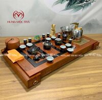 Bộ bàn trà điện thông minh gỗ hương, bếp đun tự động inox, cốc chén tử sa tây thi họa tiết HC – 03