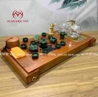 Bộ bàn trà điện thông minh gỗ hương, bếp đun tự động thủy tinh, cốc chén men dạn xanh HB – 01