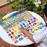 bộ bảng gỗ câu cá và xếp hình cho bé nhân dạng hình học ,chữ số ,chữ cái