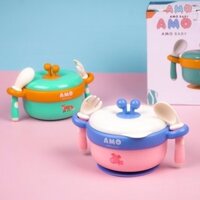 Bộ Bát Ăn Dặm Kèm Thìa Dĩa Cao Cấp AMO BABY, Bát Giữ Nhiệt, Đế Chống Đổ An Toàn, Tiện Lợi Cho Bé.