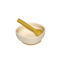 Bộ bát ăn dặm Premium Silicon đế hít chống đổ kèm thìa ăn dặm: Cream + Mustard (Kem - Vàng)
