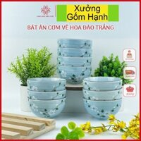 Bộ bát chén ăn cơm men lam cao cấp Bát Tràng vẽ hoa đào trắng - Bộ 6 và 10 bát - Gốm Hạnh