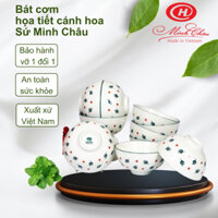 Bộ bát chén ăn cơm Sứ Cao cấp Minh Châu – Trắng in họa tiết cánh hoa độc đáo - 11.5 cm