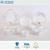 Bộ bát đĩa 11 sản phẩm viền vàng 22K họa tiết hoa màu xanh Thủy Tinh Ngọc USA Home Set cao cấp nhập khẩu chính hãng