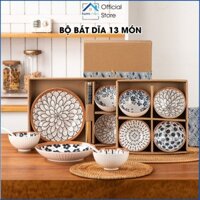 Bộ Bát Đĩa 13 Món Hoa Văn Nhật Bản Cao Cấp, Bộ Chén Đĩa Làm Quà Tặng