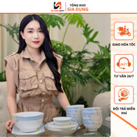 Bộ Bát Đĩa 19 Sản Phẩm Hoa Xanh Viền Kim Nhập Khẩu Hàn Quốc, Bộ Bát Đĩa Gốm Sứ Cao Cấp Phong Cách Hàn Quốc
