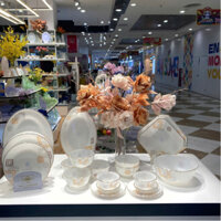 Bộ bát đĩa 20 sản phẩm viền vàng 22K họa tiết hoa vuông Thủy Tinh Ngọc USA Home Set cao cấp nhập khẩu chính hãng