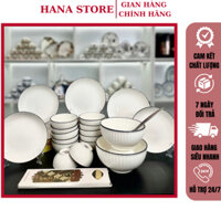 Bộ Bát Đĩa 21 tỉ mỉ hình họa Sứ Trắng Viền Đen TẶNG 1 Muôi Canh Inox và 10 Đôi Đũa bát tràng xuất đi cao cấp M145