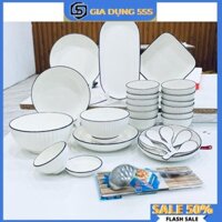 Bộ bát đĩa 29 món hoa tiết sứ trắng viền đen sang trọng ( 22 món sứ+ 7 món quà tặng)