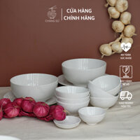 Bộ bát đĩa ăn cơm gia đình đẹp 12 món cơ bản - Set chén dĩa sứ trắng dễ thương HC B12