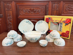 Bộ bát đĩa Bát Tràng sen xanh 11 sản phẩm