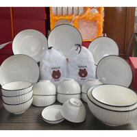 Bộ bát đĩa chén đĩa 23 sản phẩm full đĩa tròn , decor hoa văn hoạ tiết ( tặng kèm 200c màng bọc )
