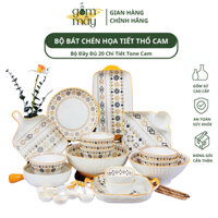 Bộ Bát Đĩa, Chén Dĩa Bát Tràng Cao Cấp Họa Tiết Thổ Cẩm Cam Độc Đáo Sáng Tạo, Gốm Mây_GMBD2