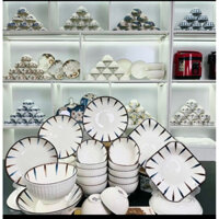 Bộ bát đĩa chén đĩa đẹp decor hoa văn hoạ tiết sọc nâu sang trọng , tráng men cao cấp