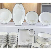 Bộ bát đĩa chén đĩa đẹp hoạ tiết đúc kim cương , decor hoa văn trang nhã gốm sứ cao cấp