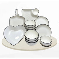 Bộ bát đĩa chen đĩa đẹp sét 20 sản  phẩn decor siêu xinh , tráng men cao cấp( đĩa tim, đĩa kèm khay chấm..vv)