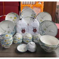 Bộ bát đĩa chén đĩa gia đình 23 mon full tròn sản phẩm decor hoa văn hoạ tiết hoa thuỷ tiên, tráng men cao cấp