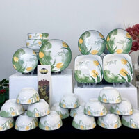 Bộ bát đĩa, chén đĩa hoa Tulips sét 21 chi tiết , hoa văn hoạ tiết đẹp sắc nét, đẳng cấp sang trọng
