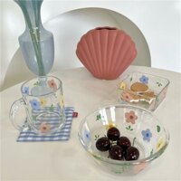 Bộ Bát Đĩa Cốc Thủy Tinh Họa Tiết Bông Hoa Nhiều Màu Phong Cách Hàn Quốc Năm 2022