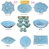 Bộ bát đĩa gốm Bát Tràng men màu xanh thiên thanh vẽ đào trắng siêu đẹp - Bát đĩa ăn cơm gia đình - Phúc Đạt Ceramics
