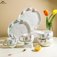 Bộ bát đĩa gốm sứ dập nổi ba chiều hình hoa Tulip phong cách cổ điển Tiệm Cô tít