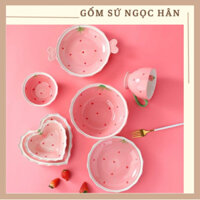 Bộ Bát Đĩa Gốm Sứ Dâu Tây Hồng Dễ Thương, Chén Đĩa Decor cao cấp, Chén Bát Sứ Ăn Cơm Đẹp Đáng Yêu