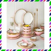 Bộ bát đĩa gốm sứ Hồng lòng trắng/Xanh ngọc/Ghi vân đá+set muôi cao cấp,dùng gia đình bàn tiệc,gia đình