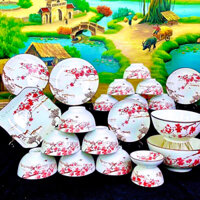 Bộ Bát Đĩa hoa đào đỏ Thương Hiệu Bát tràng nước men sáng bóng, rẻ, đẹp, Hàng Loại 1