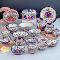 Bộ bát đĩa hoa đỏ đuôi phượng hoàng vẽ tay xuất Âu