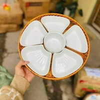 Bộ bát đĩa hoa mai 5 cánh kèm khay mây hàng loại 1 dày đẹp