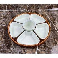 Bộ Bát Đĩa Hoa Mai Size 32 cm Men Trắng Sứ Sương Cao Cấp Kèm Khay Mây