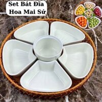 Bộ bát đĩa hoa mai sứ 5 cánh 32cm kèm khay mây hàng loại 1 Bộ đĩa hoa mặt trời cao cấp