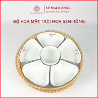 Bộ bát đĩa hoa mặt trời 32cm, bộ bát đĩa thờ cúng gia tiên vẽ hoa sen hồng - Gốm Sứ Mai Dương