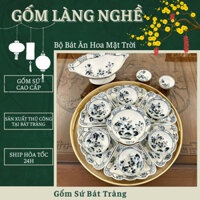 Bộ bát đĩa hoa mặt trời họa tiết hoa sen đen- Gốm Sứ Bát Tràng Cao Cấp