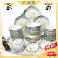 Bộ Bát Đĩa Hoa Thủy Tiên Bộ Bát Ăn Cơm Bát Tràng 21 Chi Tiết Bộ Tô Chén Gốm Sứ Cao Cấp Tặng Muôi + 10 Đôi Đũa M152