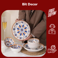 Bộ bát đĩa họa tiết 7 món phong cách nhật (4 bát ăn cơm, 1 đĩa sâu lòng 20cm, 4 đôi đũa) - Bit Decor