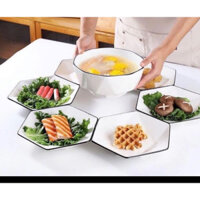 Bộ bát đĩa lục giác họa tiết trắng sứ viền đen siêu đẹp -gốm sứ bát tràng cao cấp chuẩn hình đĩa 20cm tô 18cm