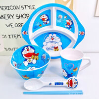 Bộ bát đĩa melamine Doraemon cho trẻ em, bát chống vỡ, bát cơm cách nhiệt, bát súp, bát mì, đĩa chia, cốc nước, bộ đồ ăn cho trẻ em, túi đựng bát