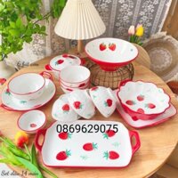 Bộ bát đĩa quả dâu tây 14 món 🍓.Bộ bát đĩa decor.