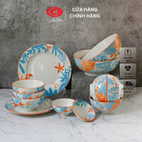 Bộ bát đĩa sứ 12 món họa tiết xanh da trời nhiệt đới - Sứ Minh Châu